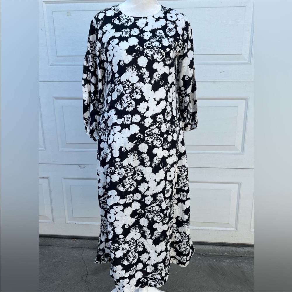 Everlane Black White Floral Midi Length Linen Dress w Pockets - Sz 00